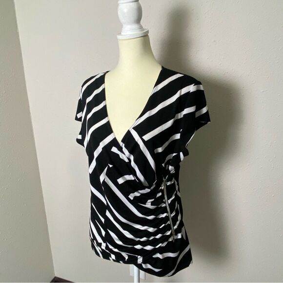 Vintage Joseph Ribkoff Black White Striped Faux Wrap VNeck Blouse Womens Size 18 - Picture 4 of 15